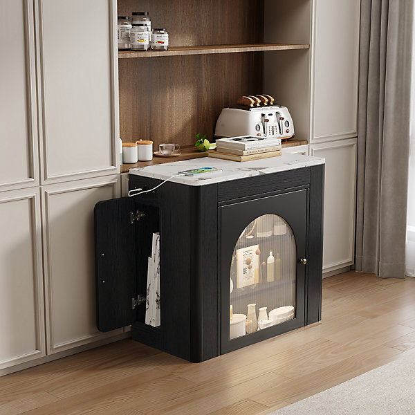 Îlot de Cuisine Mobile Multifonction avec Table Extensible, Rangement et Prise électrique - MDF, Verre - Blanc/Noir - 150x80x77 cm