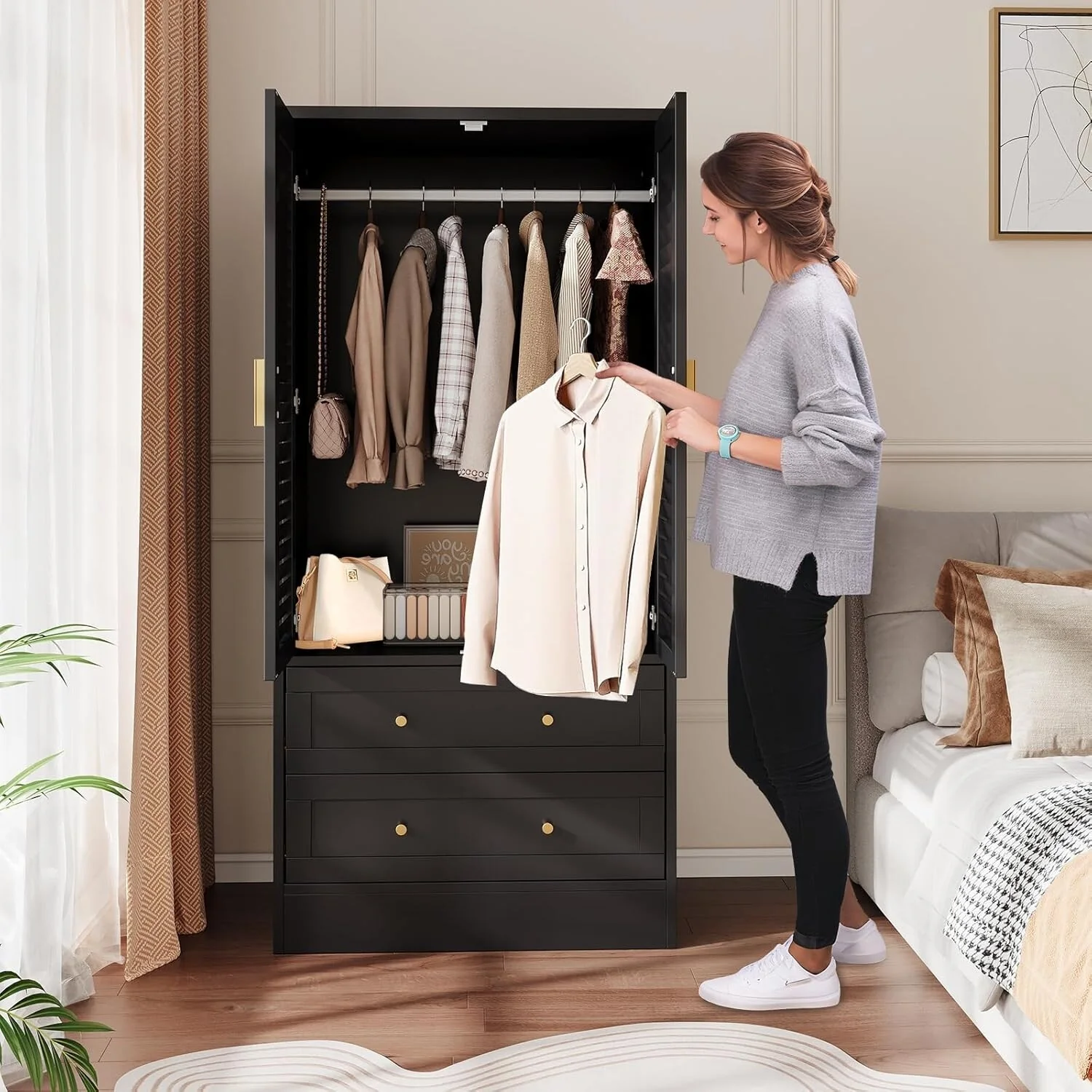 Armoire Closet with 2 Shutter Doors,Hanging Rods and 2 Drawers