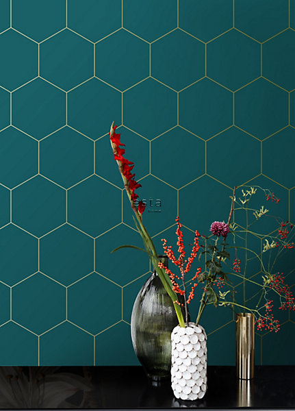 ESTAhome papier peint hexagone bleu canard et or 53 cm x 10.05 m