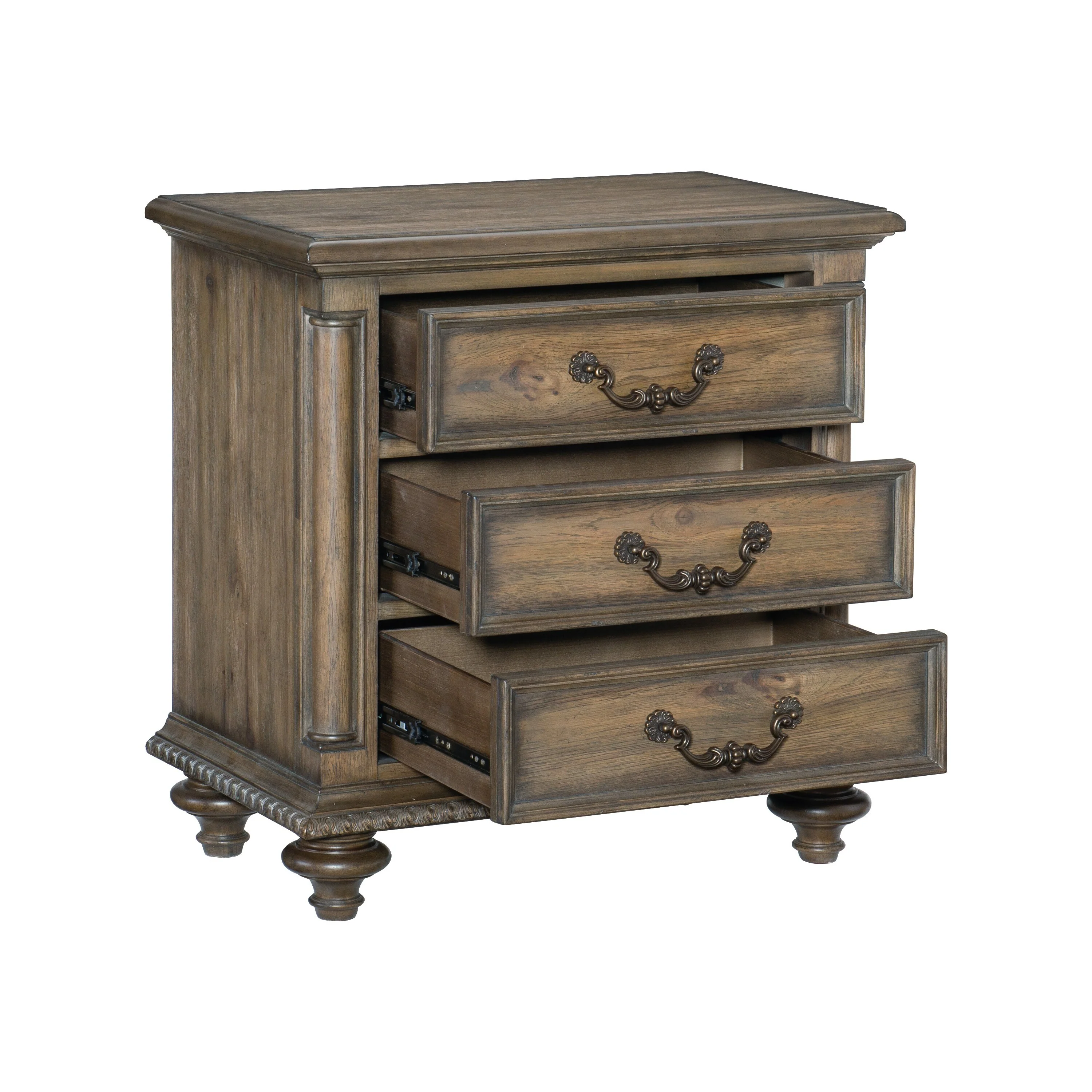 Traditional Vintage Style 1pc Nightstand of 3 Drawers Metal Hardware Weathered Pecan Classic Bedroom Furniture