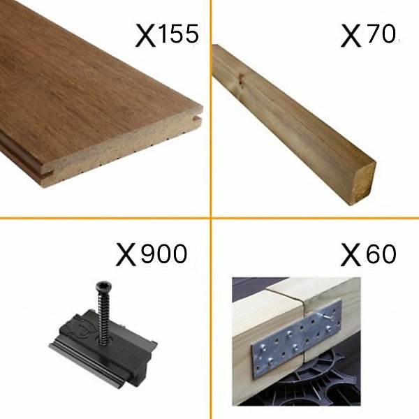 Kit Terrasse Bambou 50m² SAMBA - 155 lames de Terrasse (224 x 13.9 x 1.8 cm) - Fixation Clips Cobra Hybrid 7-22 - Garantie 25 ans