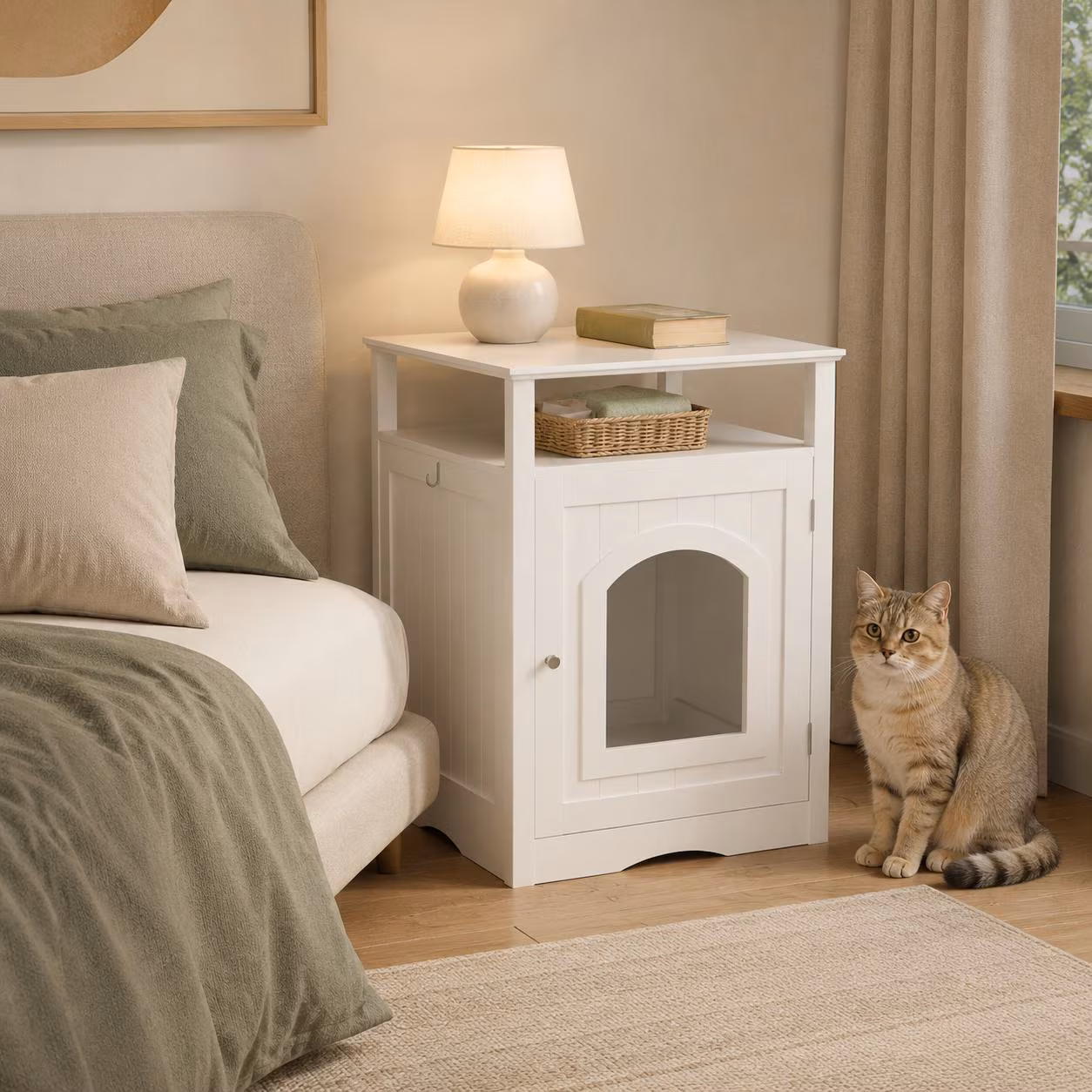 White MDF Cat Litter Box Enclosure, Hidden Cabinet with Storage Shelf, Modern Side Table