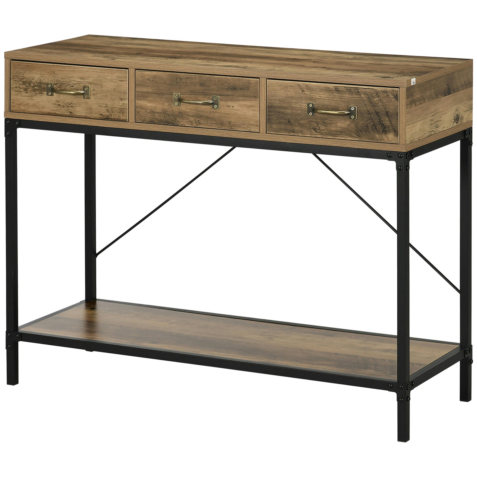 - Console style industriel 3 tiroirs étagère acier noir bois vieilli