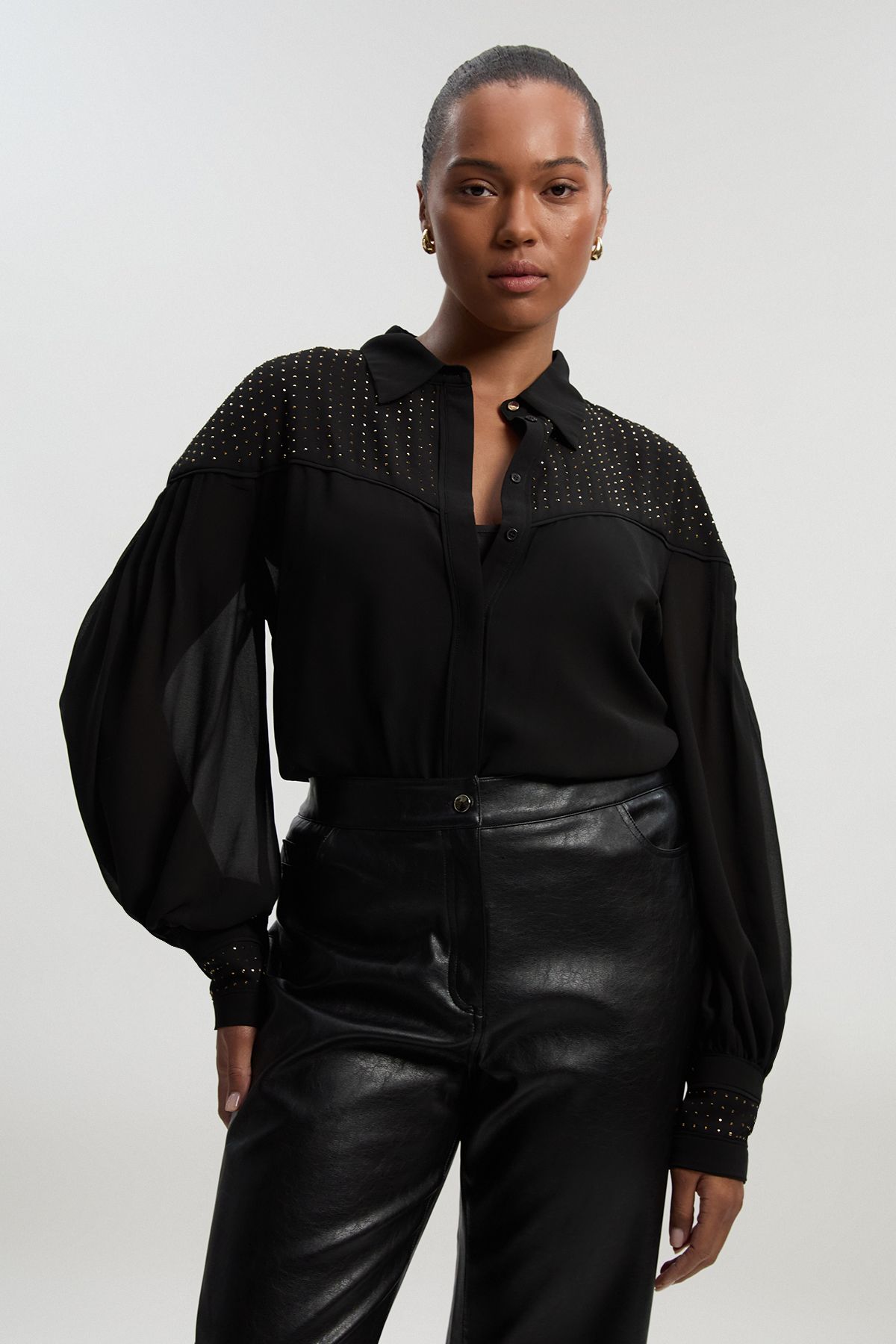 KarenMillen Plus Size Hotfix Studded Long Sleeve Woven Shirt