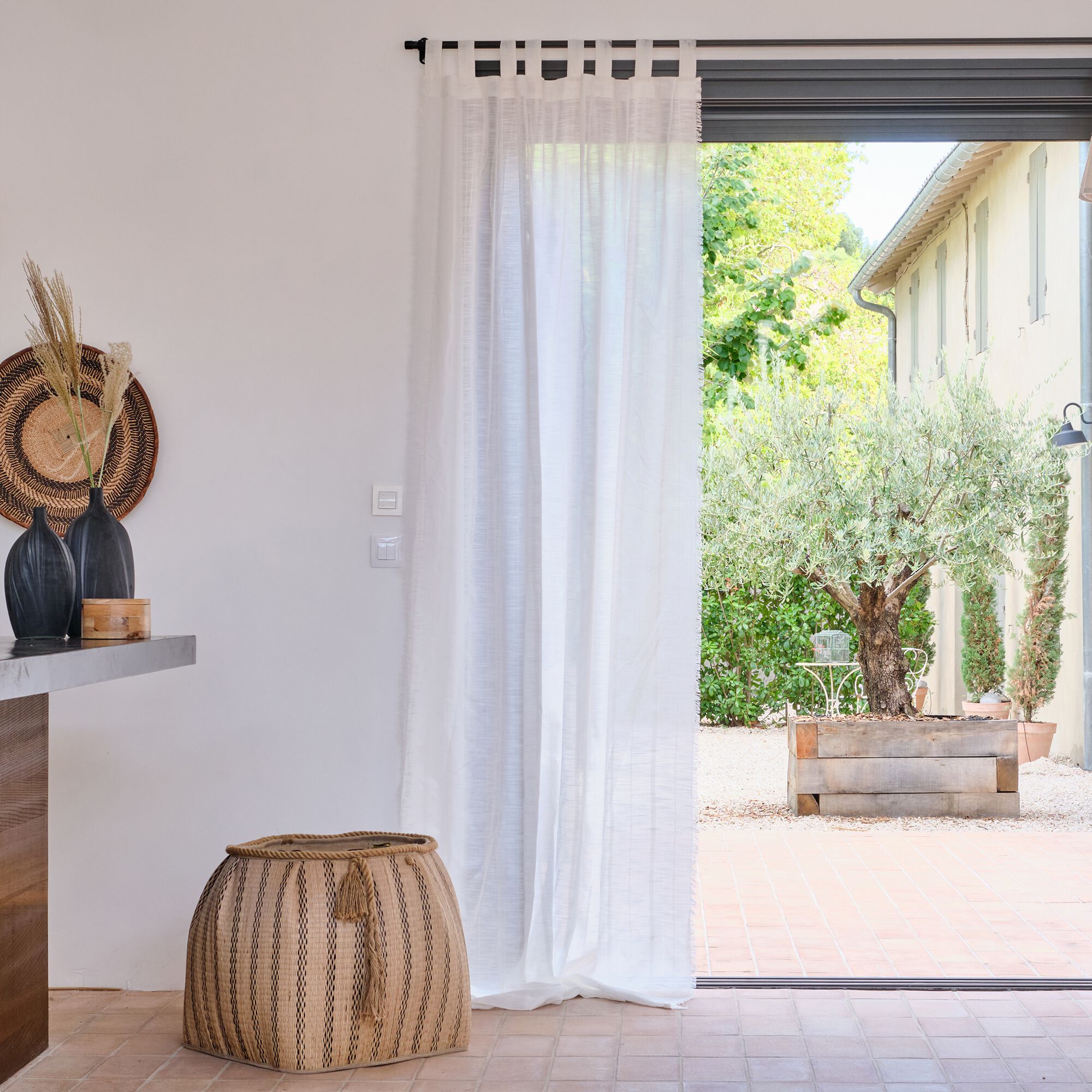 FESTO - Voilage à passants en coton finition franges 140x280cm - blanc