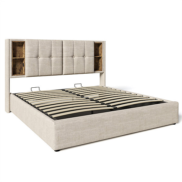 Lit rembourré 180x200cm lit de rangement lit sommier à lattes en bois avec chargement sans fil usb c lit double lin Neutral