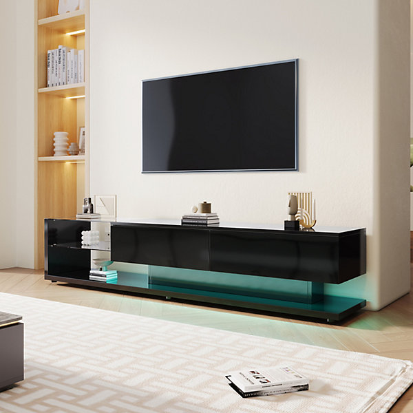 Meuble TV Blanc Avec Tiroirs, Buffet TV Avec LED Et étagères En Verre, Noir