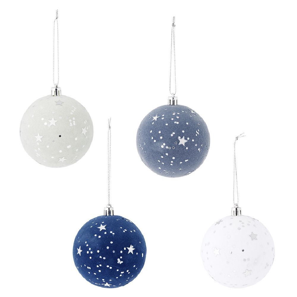Boule de No&euml;l effet velours motif étoile bleu et blanc Ø8cm x4