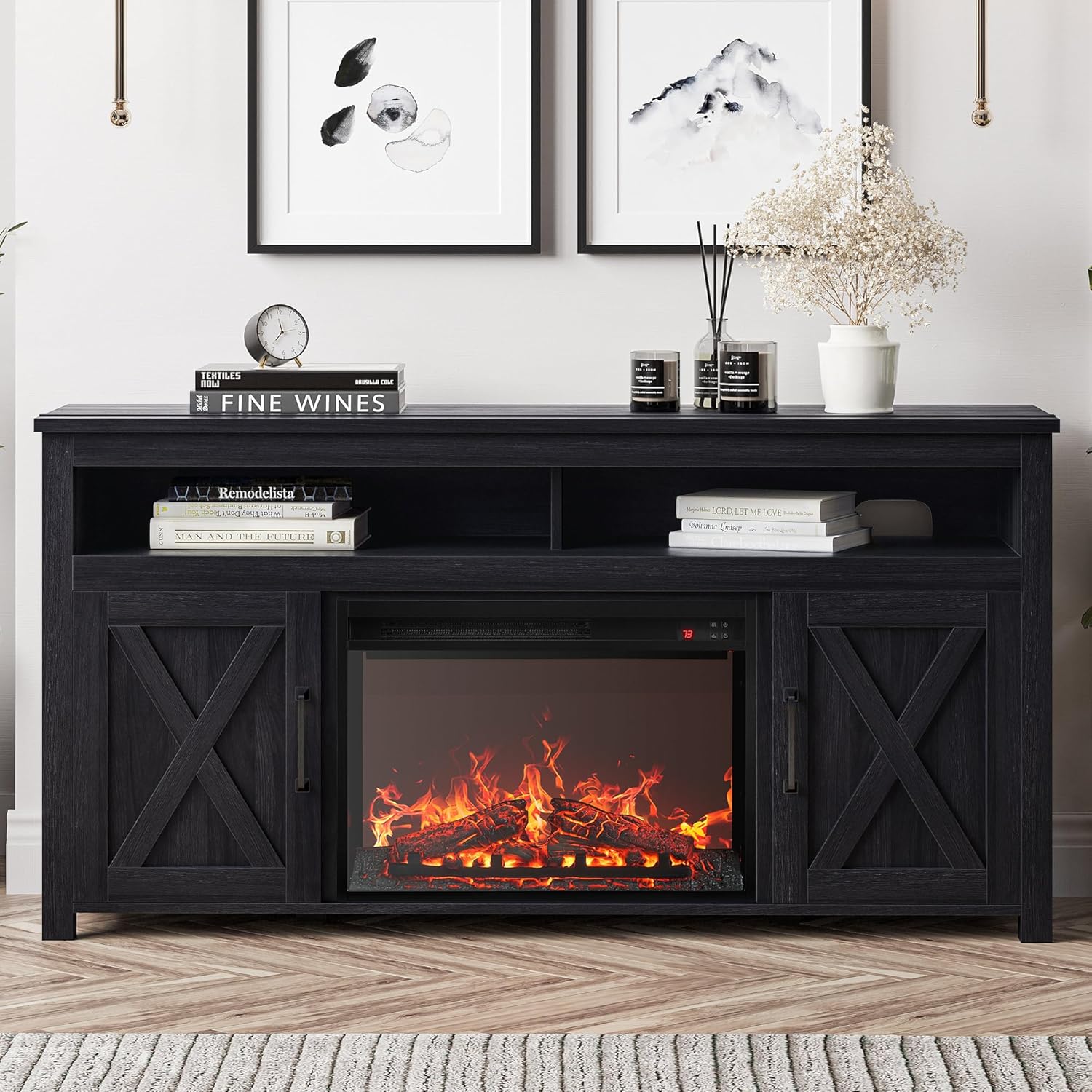 BELLEZE 58 Farmhouse Fireplace TV Stand for TVs up to 65, 23 Electric Fireplace Heater with Sound, Entertainment Center Media Console Table Barn Door Storage Cabinets for Living Room - Rustic Grey