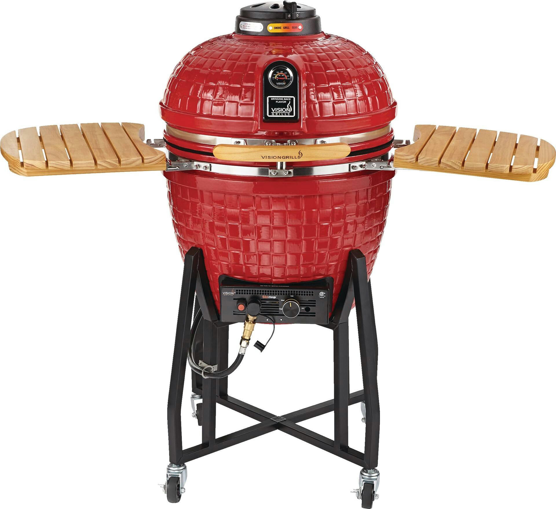 Vision Grills Portable Ceramic Kamado Charcoal BBQ Grill with Wooden Side Shelves