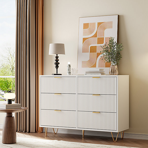 Commode Blanche Moderne, 6 Tiroirs En Bois Avec Poignées Dorées, Meuble De Rangement Pour Chambre