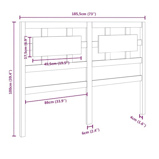 NNEVL Bed Headboard 185.5x4x100 cm Solid Wood Pine
