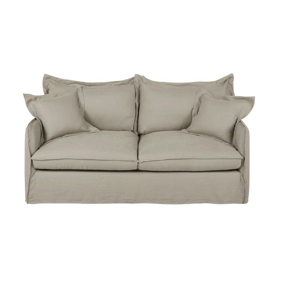 Barcelone - Canapé convertible 3 places en lin beige ficelle, matelas 14 cm