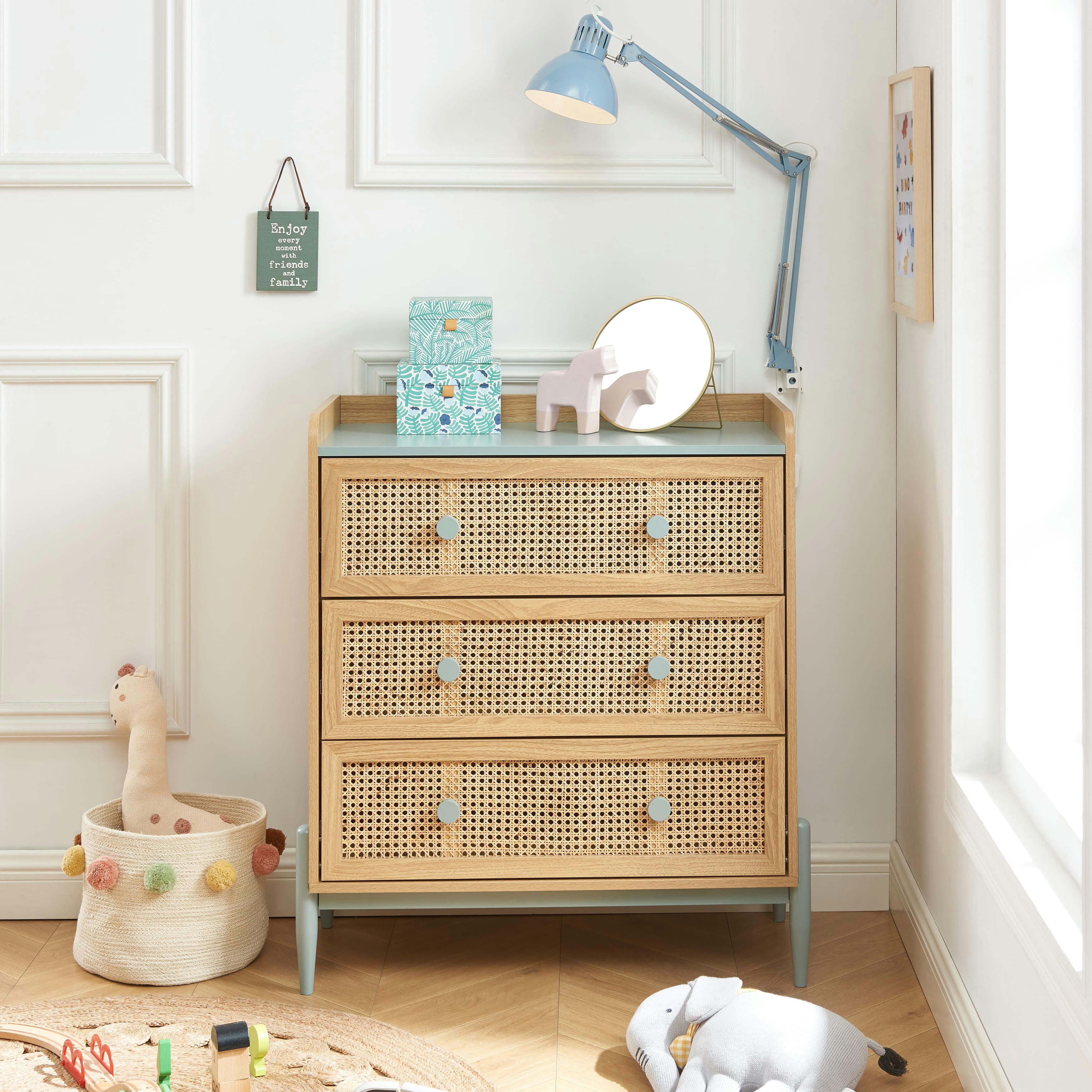 PABLO - Commode  bleu et cannage rotin 3 tiroirs