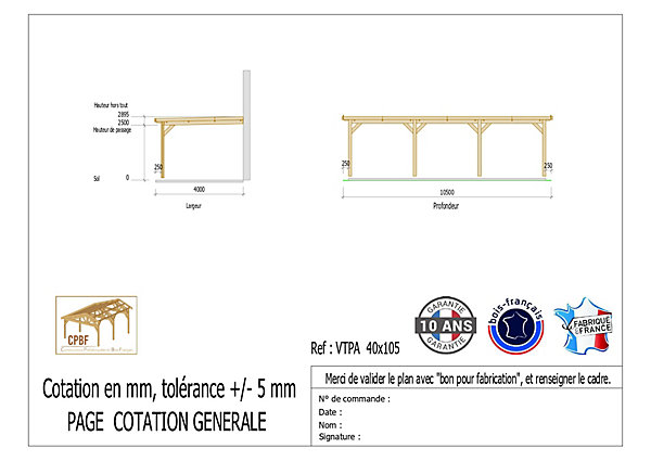 Carport adossé toit plat 450cmx1150cm, bois DOUGLAS Français (Charpente en bois-auvent-abri voiture) 52 m². Garantie 10 ans