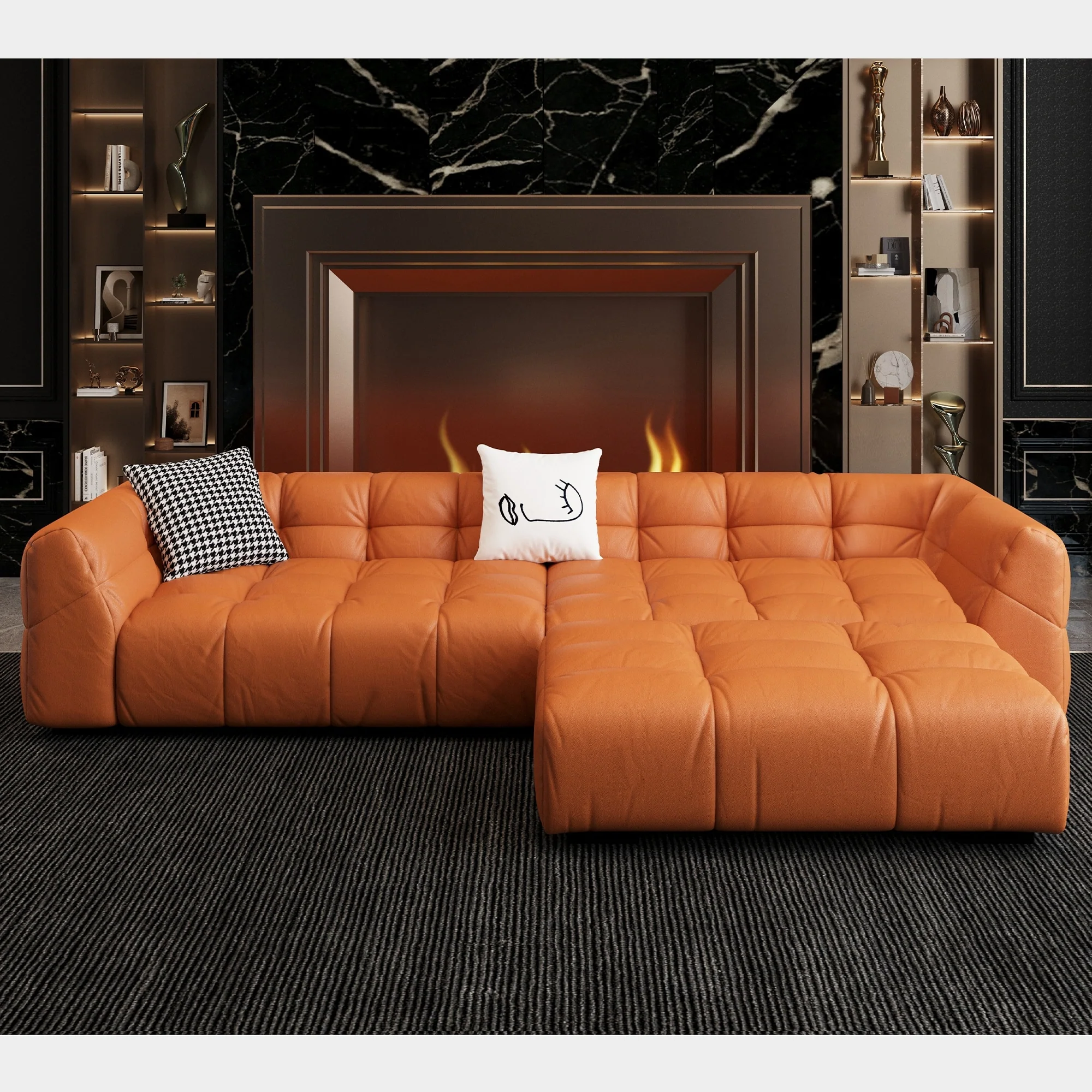 118.2'' Faux Leather Upholstered Sectional Sofa with Ottoman - Modern L-Shaped Couch for Living Room - 41'3 x 118'2