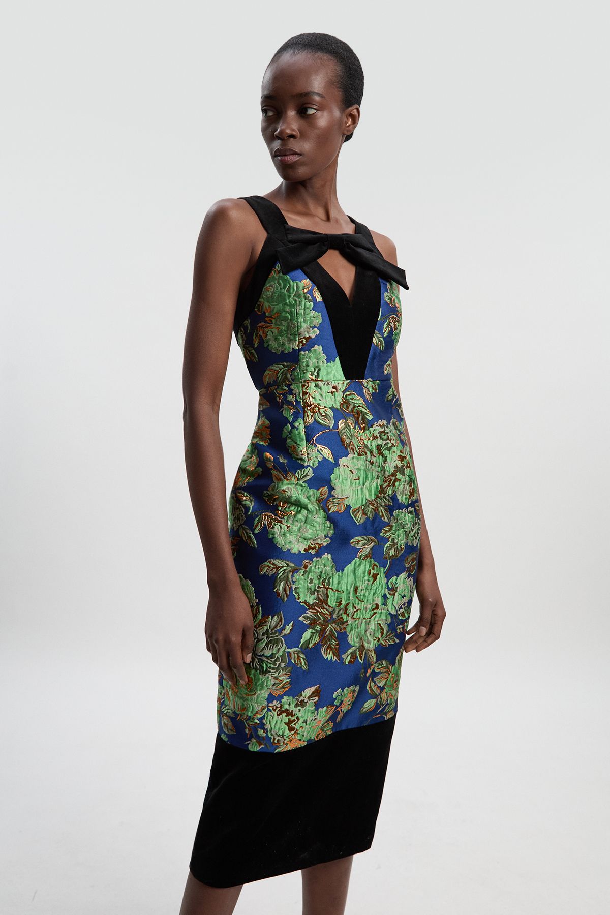 KarenMillen Velvet And Jacquard Contrast Strappy Tailored Midi Dress