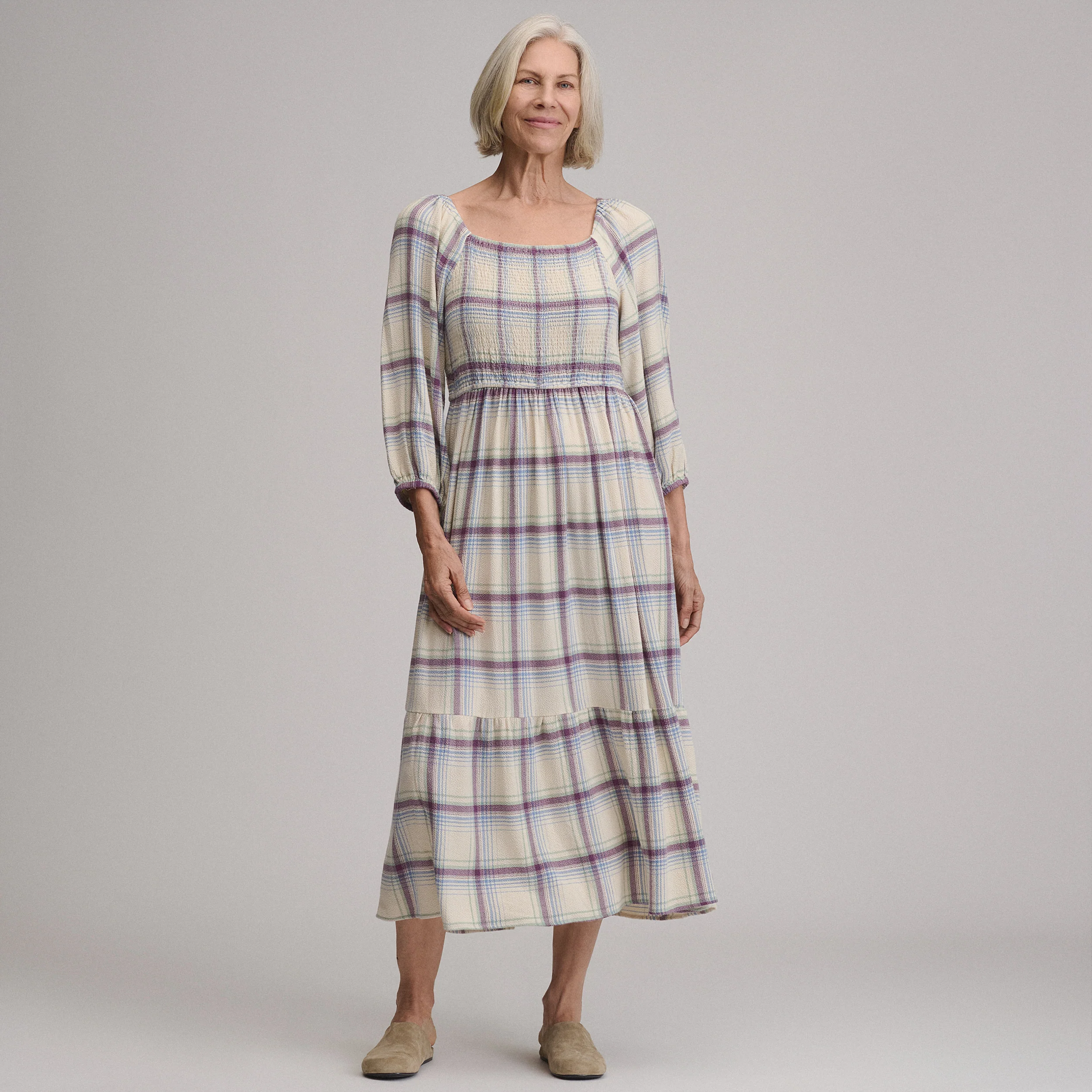 Women's Plaid 3/4 Sleeve Smocked Bodice Dress