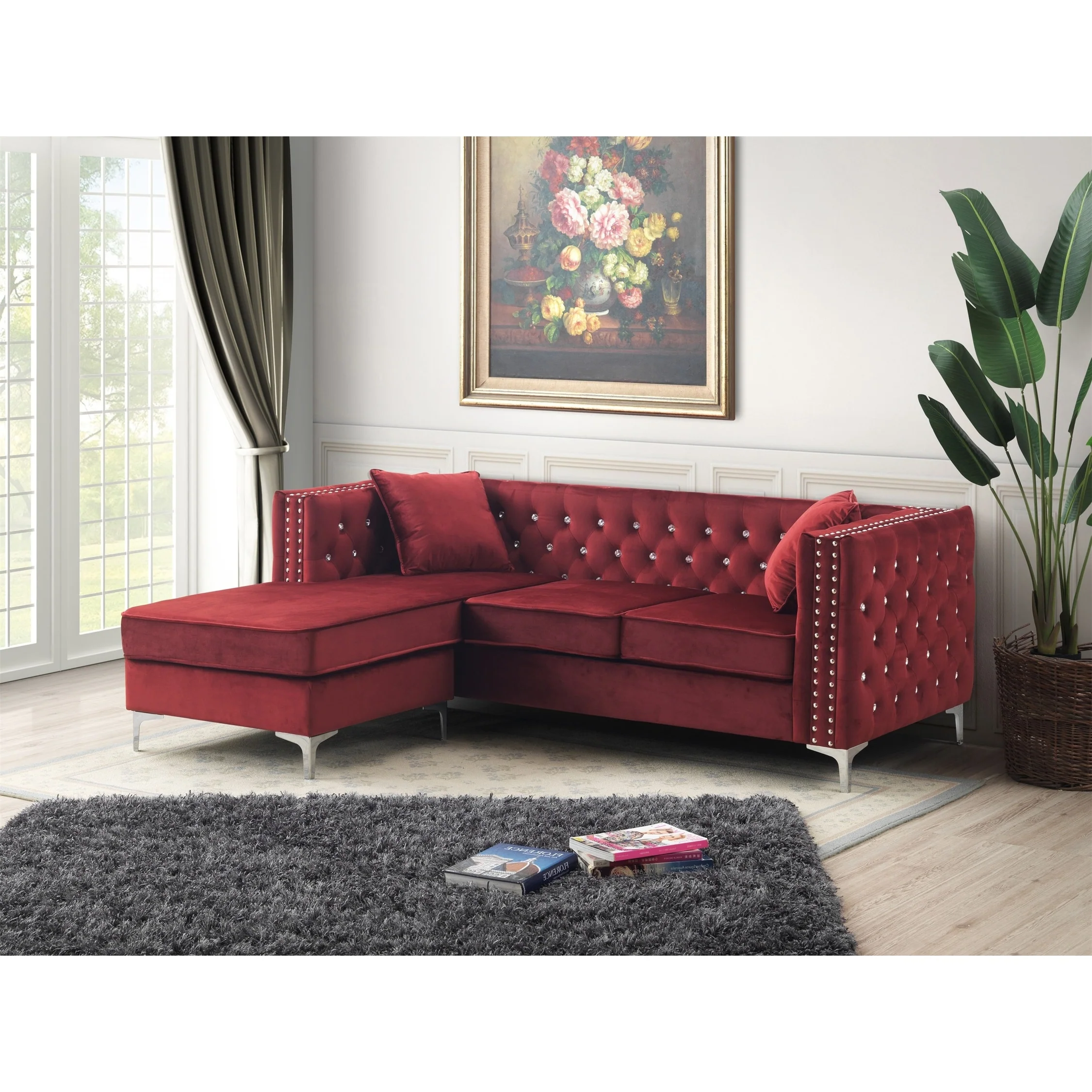 Paige 87 in. Velvet L-Shape 3-Seater Sofa with 2-Throw Pillow - 87L x 64W x 30H