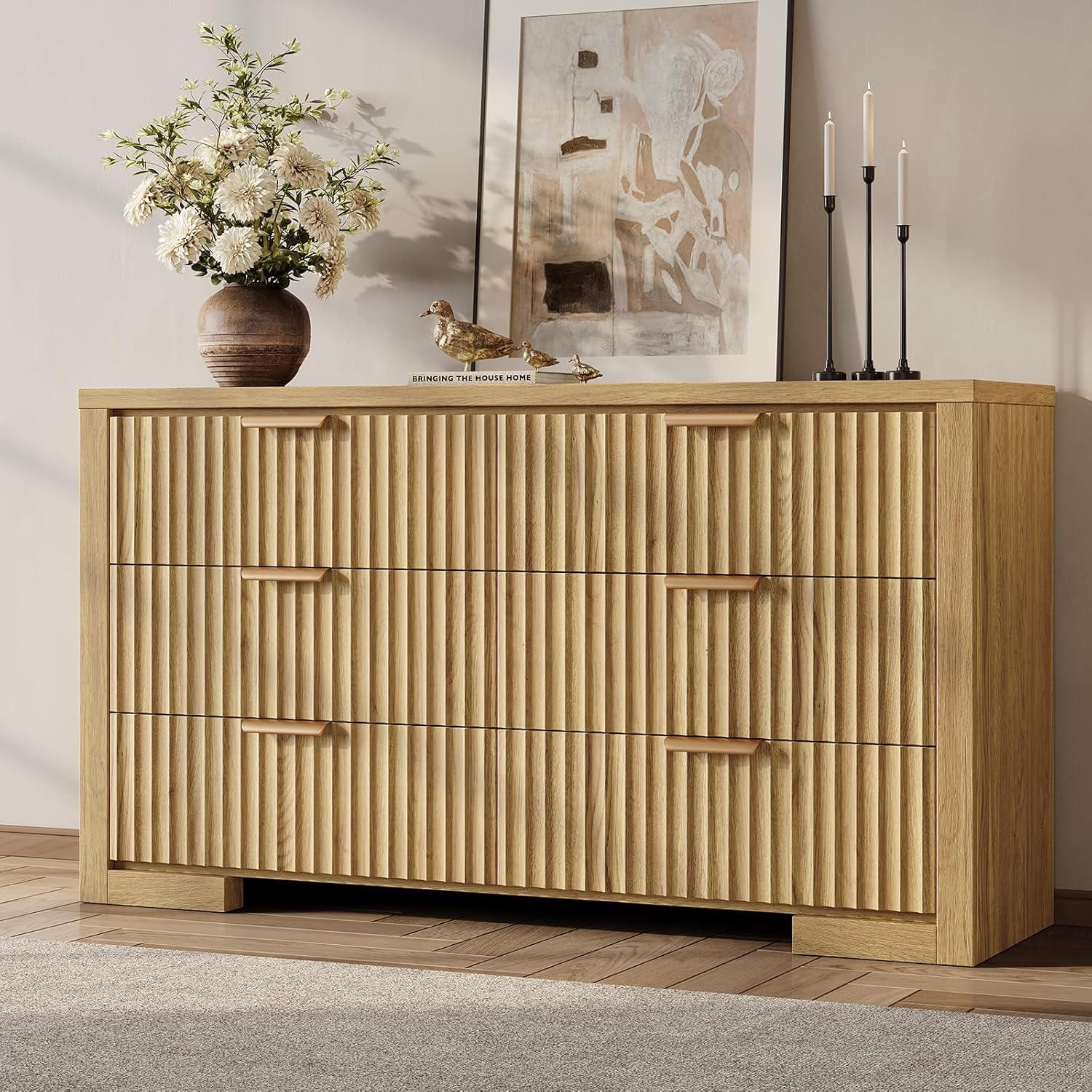Fluted 6 Drawer Dresser for Bedroom, 54 Wide Chest of Drawers with Metal Handle, Modern Storage Dressers Organizer for Living Room, Hallway, Natural Oak