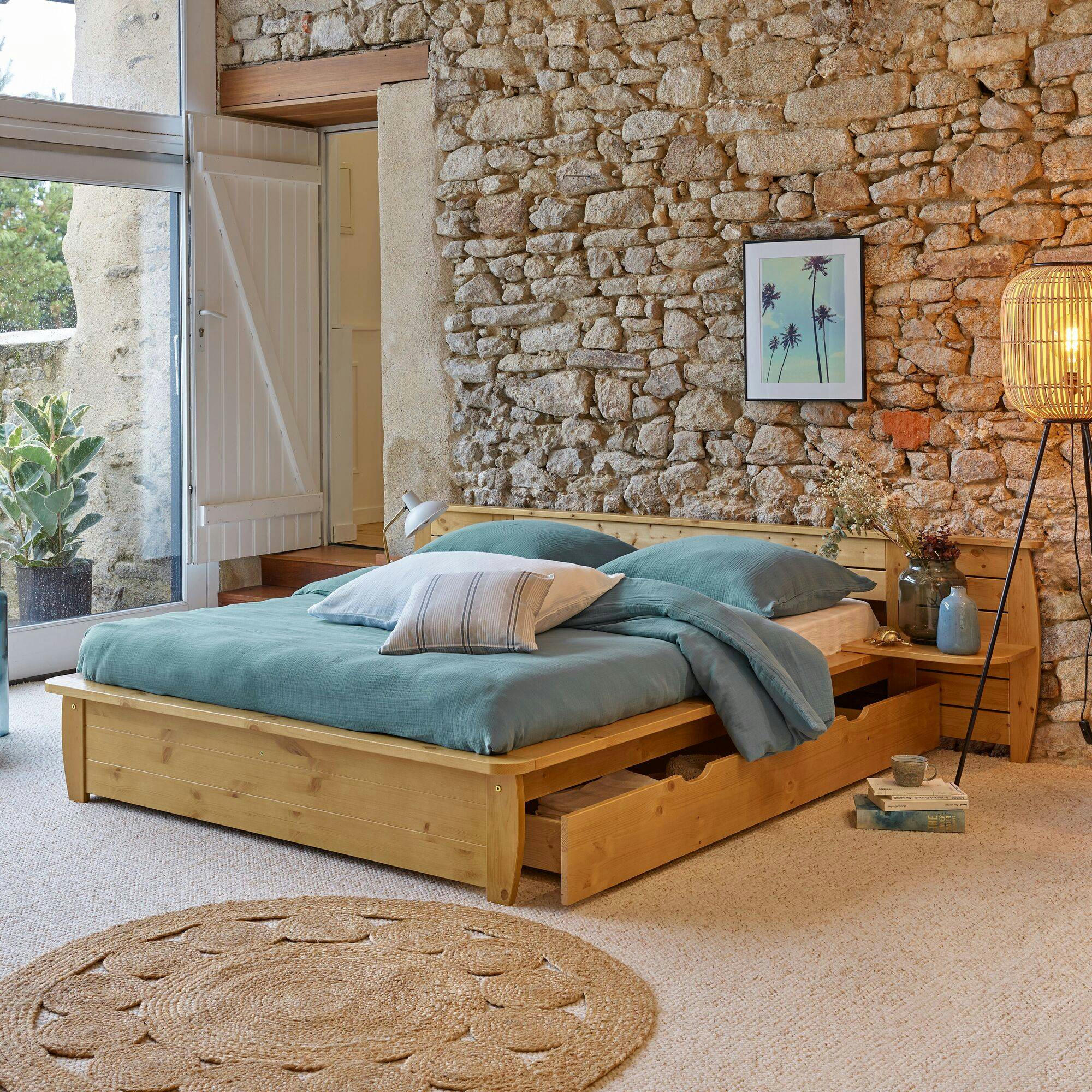 THEO - Lit rangement en Bois miel 140 x 190 cm