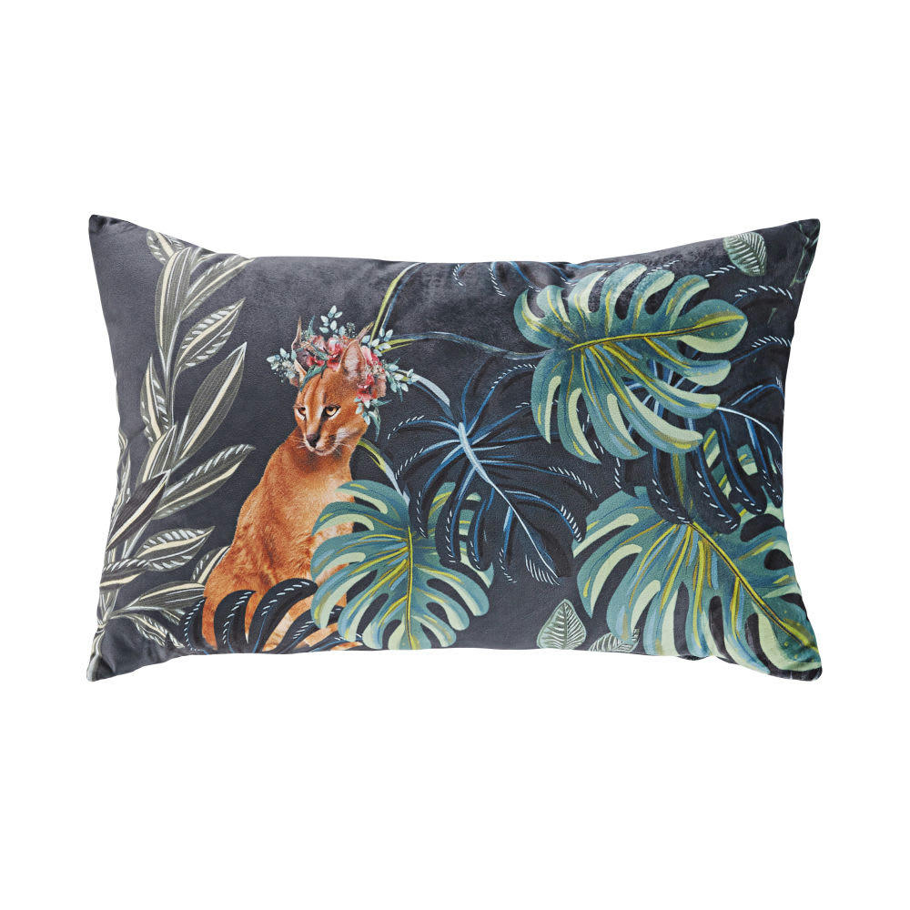 MARZANA - Coussin en suédine bleu imprimé animal et feuillages 30x50