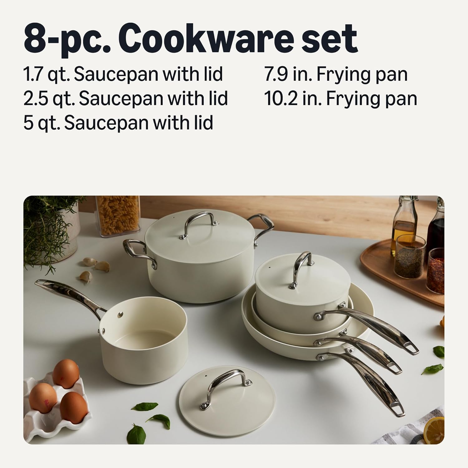 Amazon Basics Ceramic Nonstick Cookware, 8-Piece Set of Pots and Pans, Dishwasher and Oven-Safe, All Cooktop Induction Friendly, Linen Gray