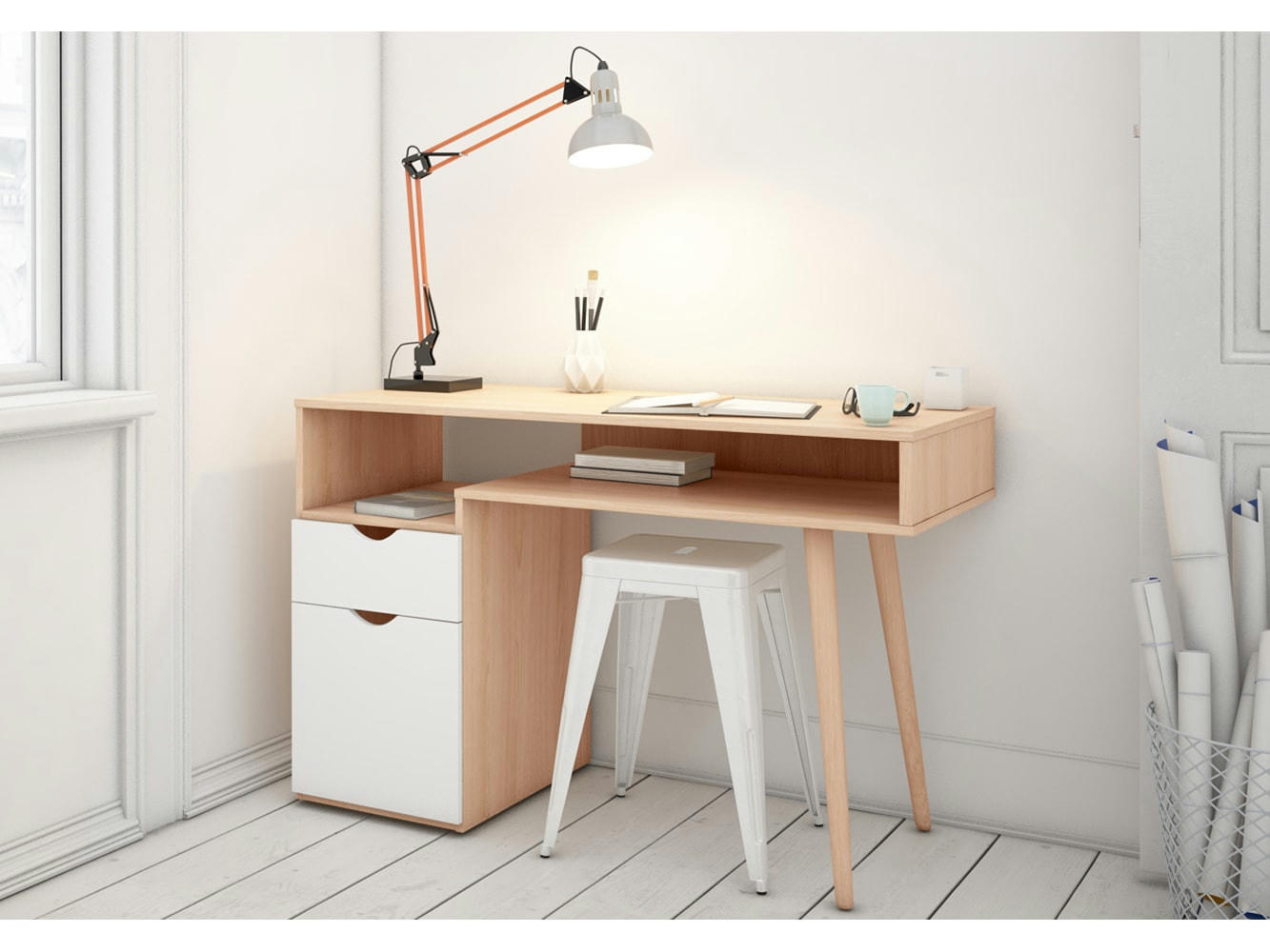 SCANDI - Bureau avec 1 porte et 1 tiroir en MDF blanc et chêne