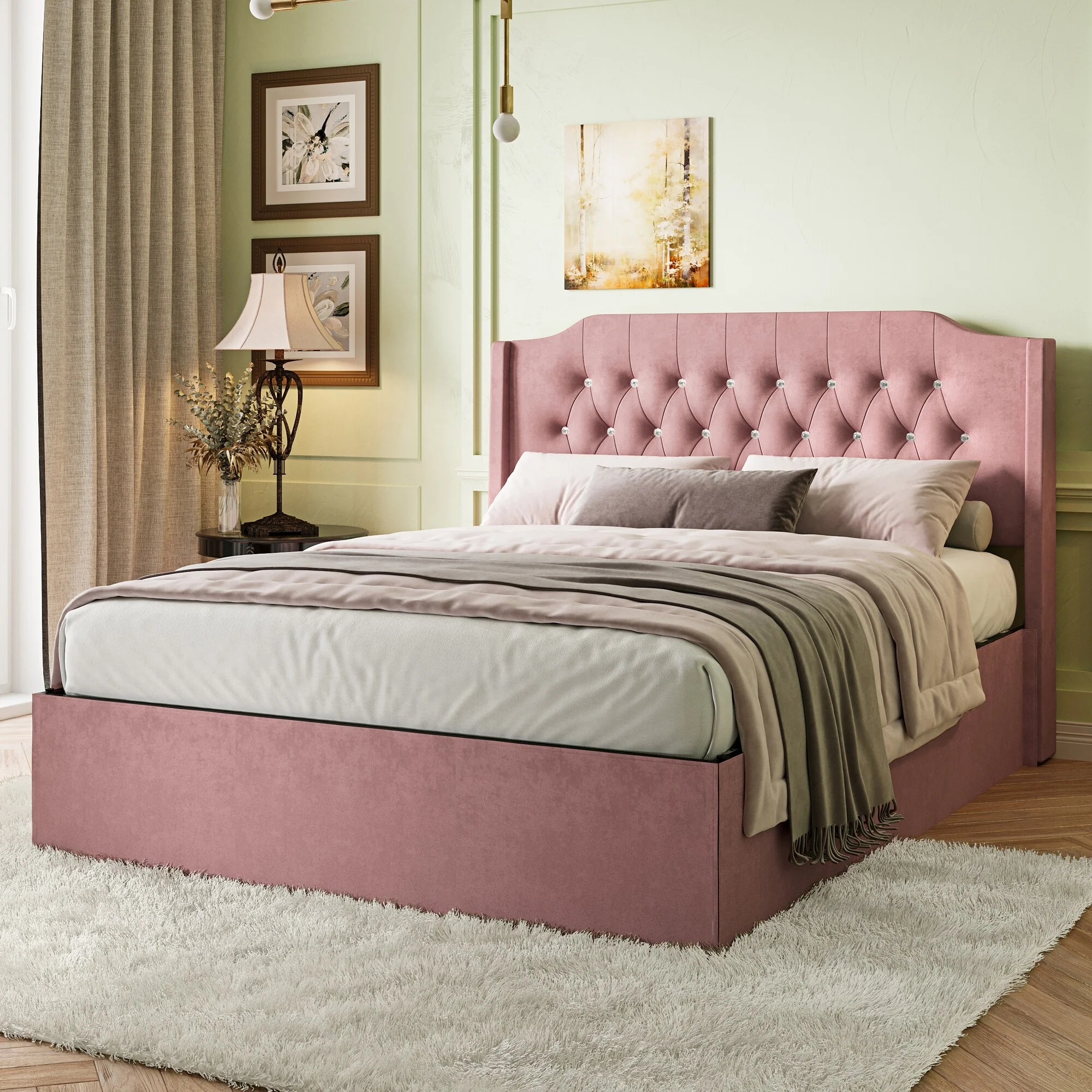 Queen Size Tufted Upholstered Bed Frame with Crystal Button Accents, with Wingback Headboard and Under-Bed Storage Space