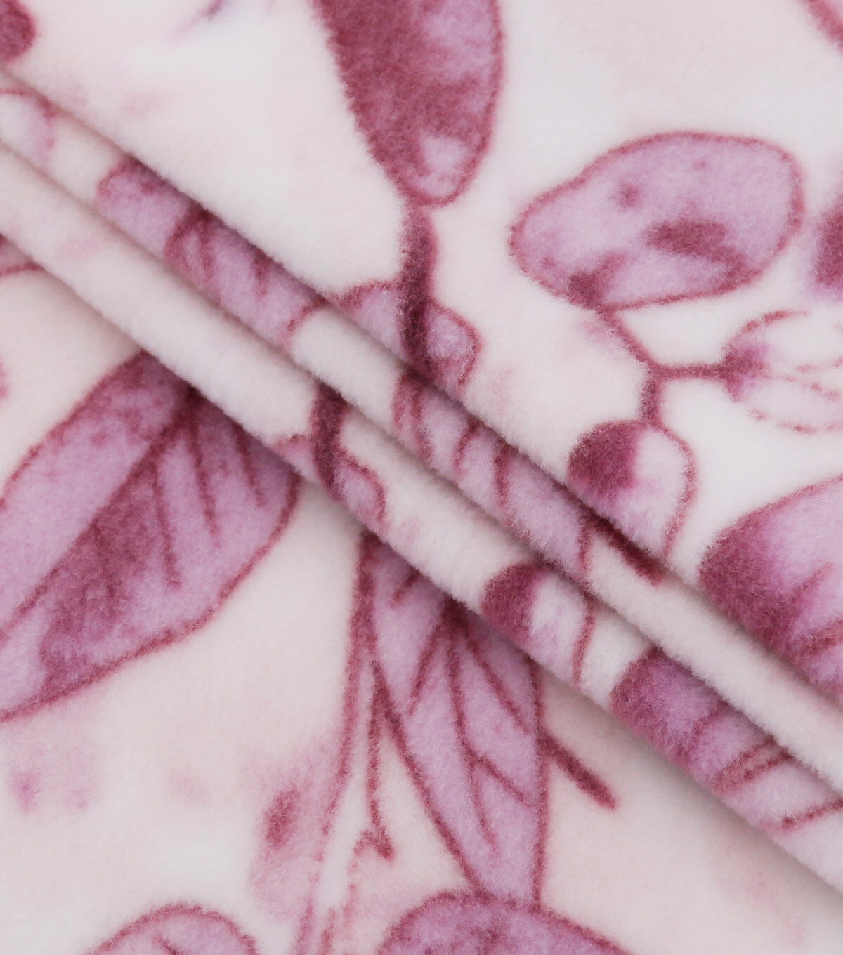 Pink Leaves on White Anti Pill Fleece Fabric