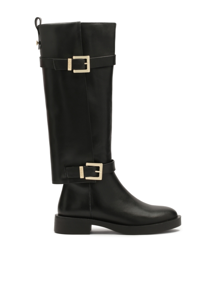 Black flat boots with overlay upper