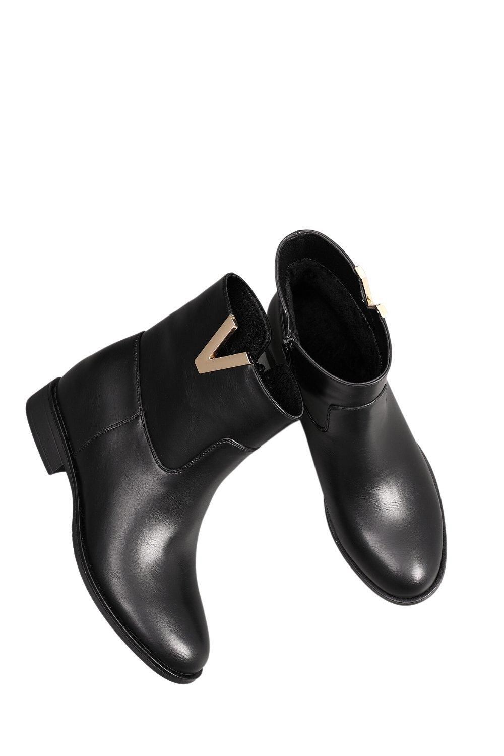 IVACHY Almond Toe V-shaped Gold Ornament Zip Closure Fur Lining Interior Flat Ankle Boots