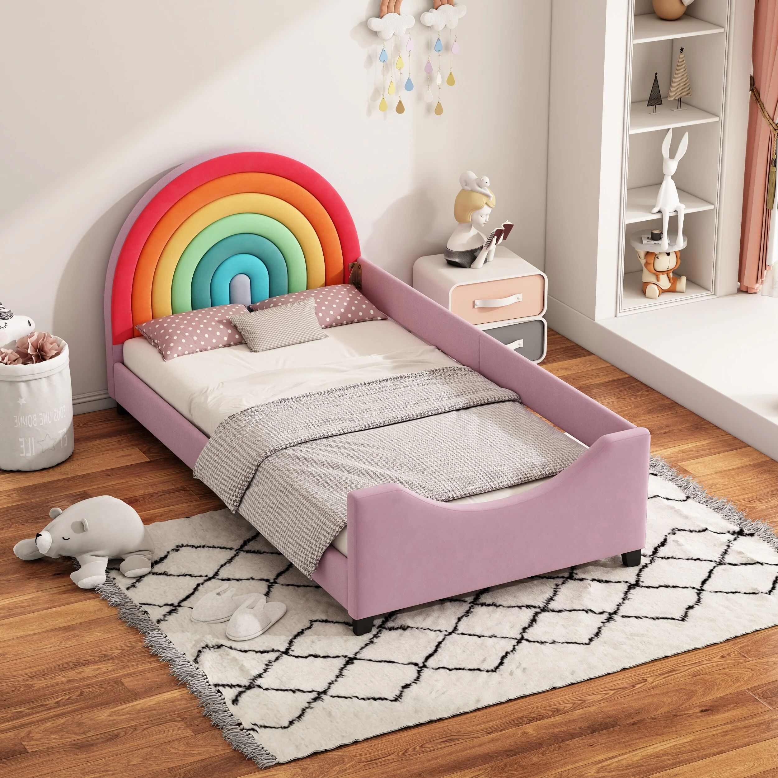 Colorful Pink Twin Size Upholstered Bed Frame with Rainbow Headboard, Low Profile Platform Bed for Kids, Optional Daybed