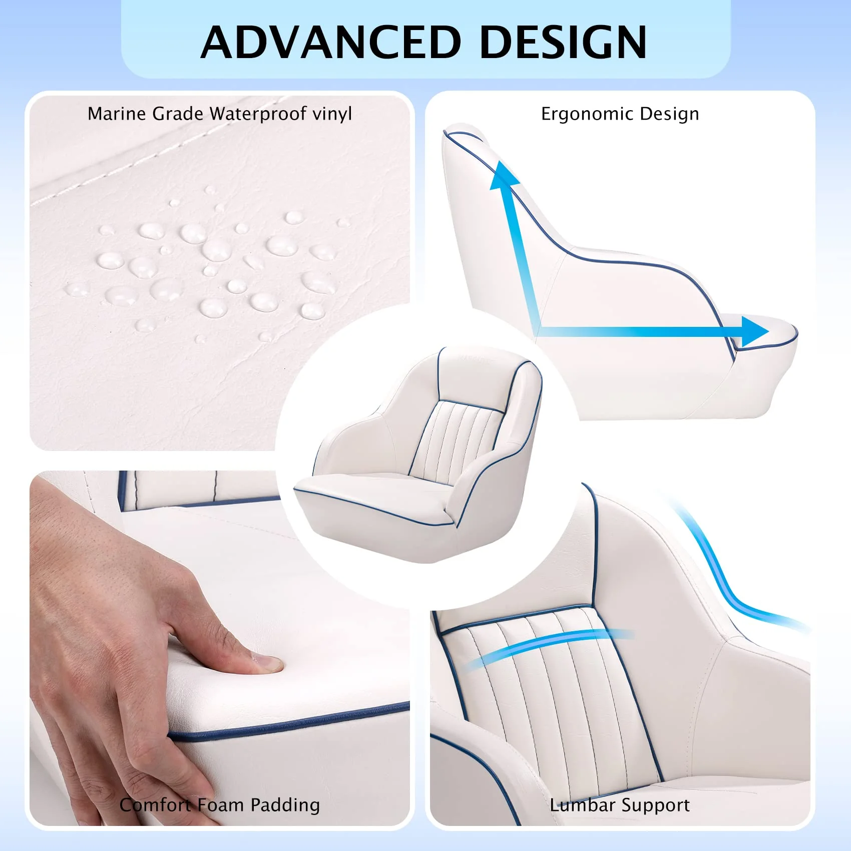 Pontoon Boat Seat, Captains Bucket Boat Seat, Back Folding Boat, Boat Cabin Seating  White  Blue