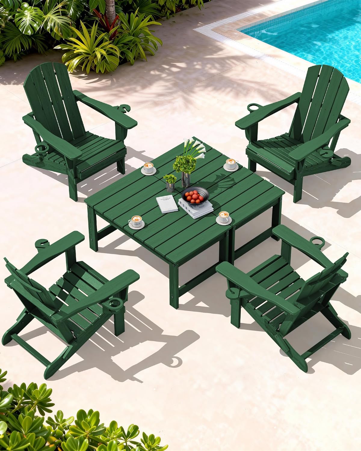 SERWALL Outdoor Coffee Table with 1.69 Umbrella Hole, HDPE Patio Coffee Table for Outside, Rectangle, Green