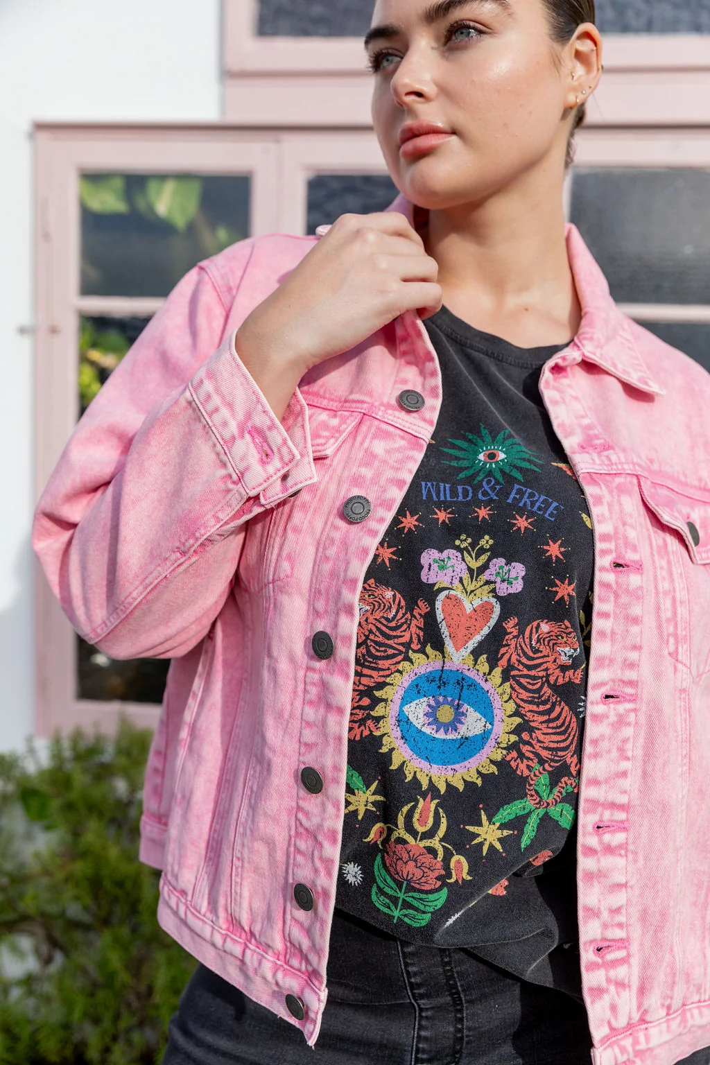 Hayden Boyfriend Denim Jacket in Pink Wash