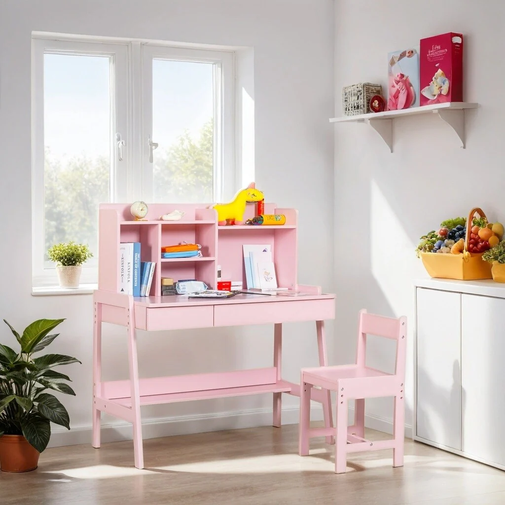 Solid Wood Children's Desk and Chair Set - Pink