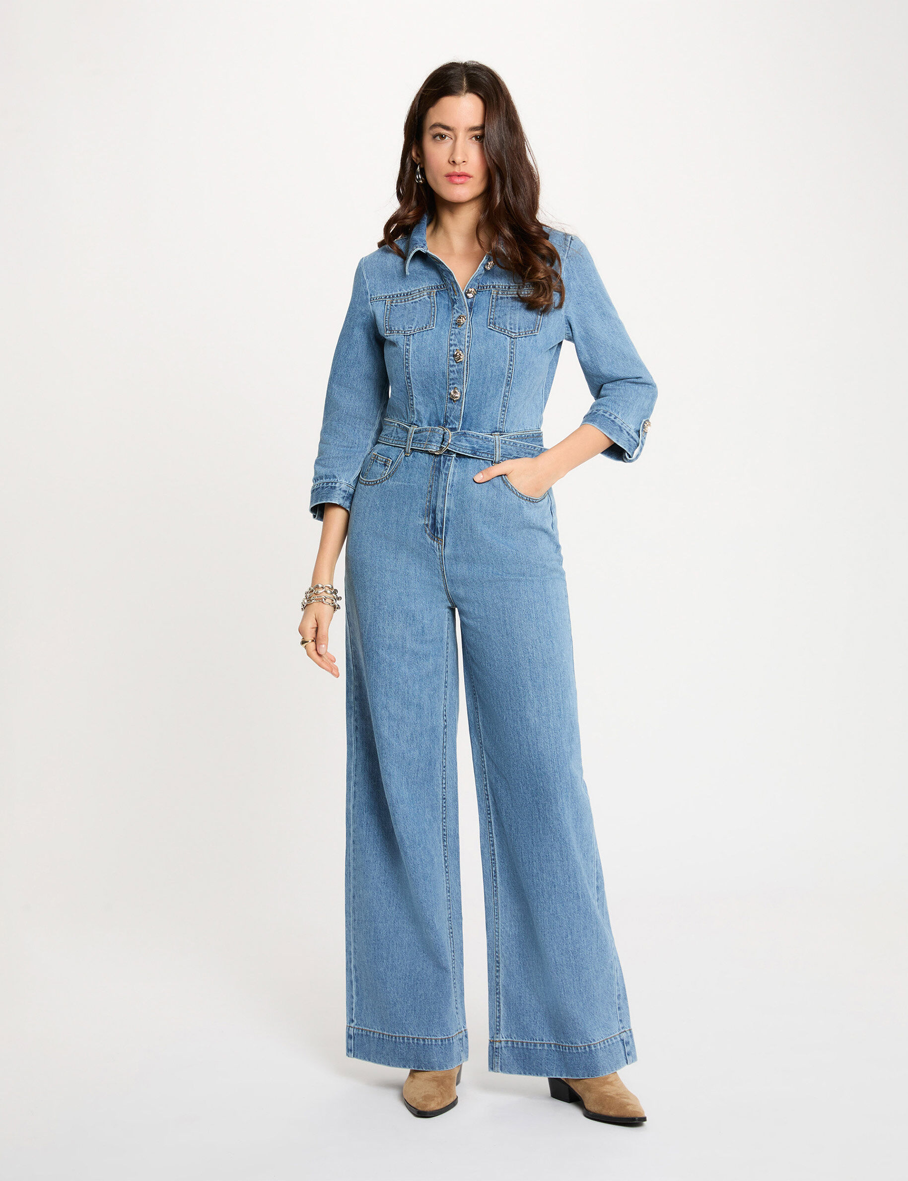 Wide-Leg Denim Jumpsuit Denim Stone Women