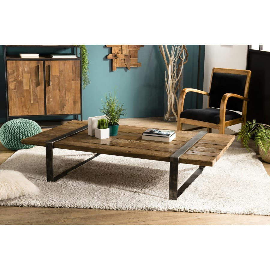 LEONCE - Table basse multi-planches en bois massif cerclée métal L161