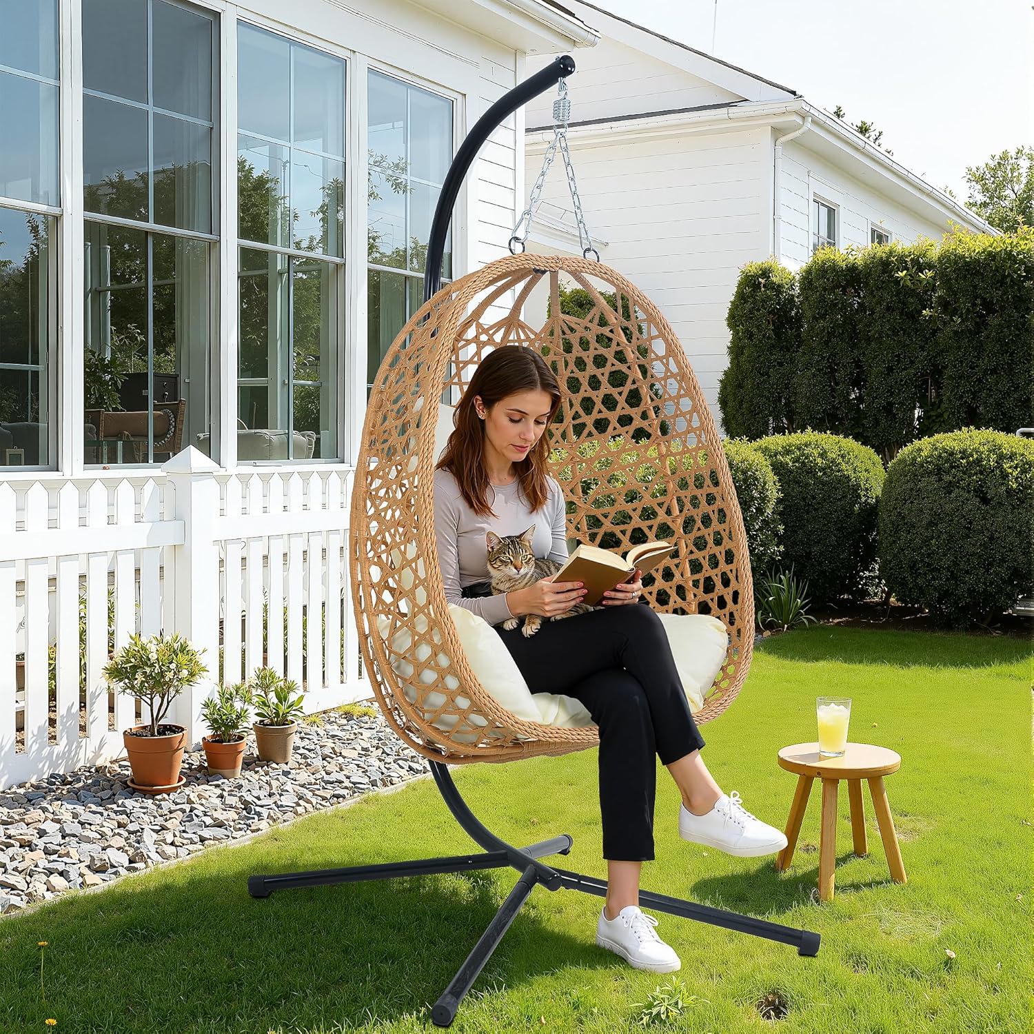 EortheX Hanging Egg Chair with Cushions – Comfortable Rattan Swing Chair with Stand for Patio, Garden, or Balcony – Stylish and Relaxing Outdoor Lounge Chair, 350LBS Capacity Indoor Outdoor (Beige)
