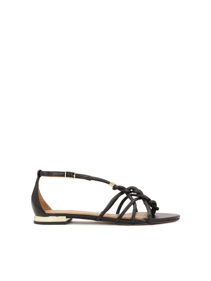 Black flat sandals with gold heel