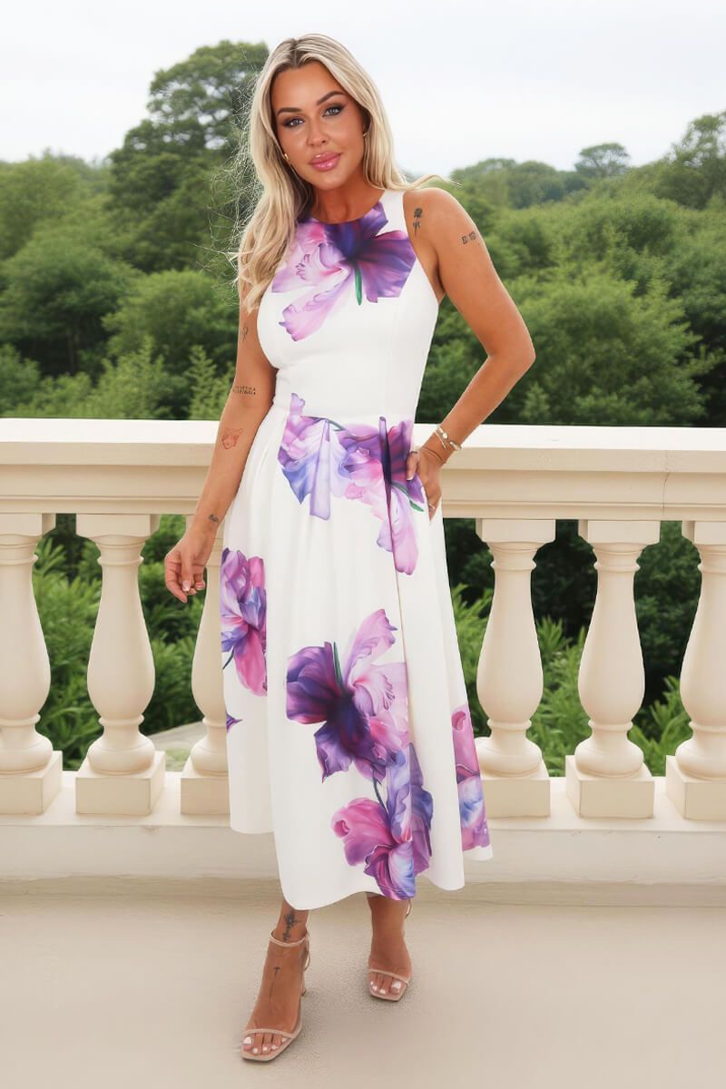 AX Paris Lilac And Cream Floral Print Racer Neck Pleated Midi Dress