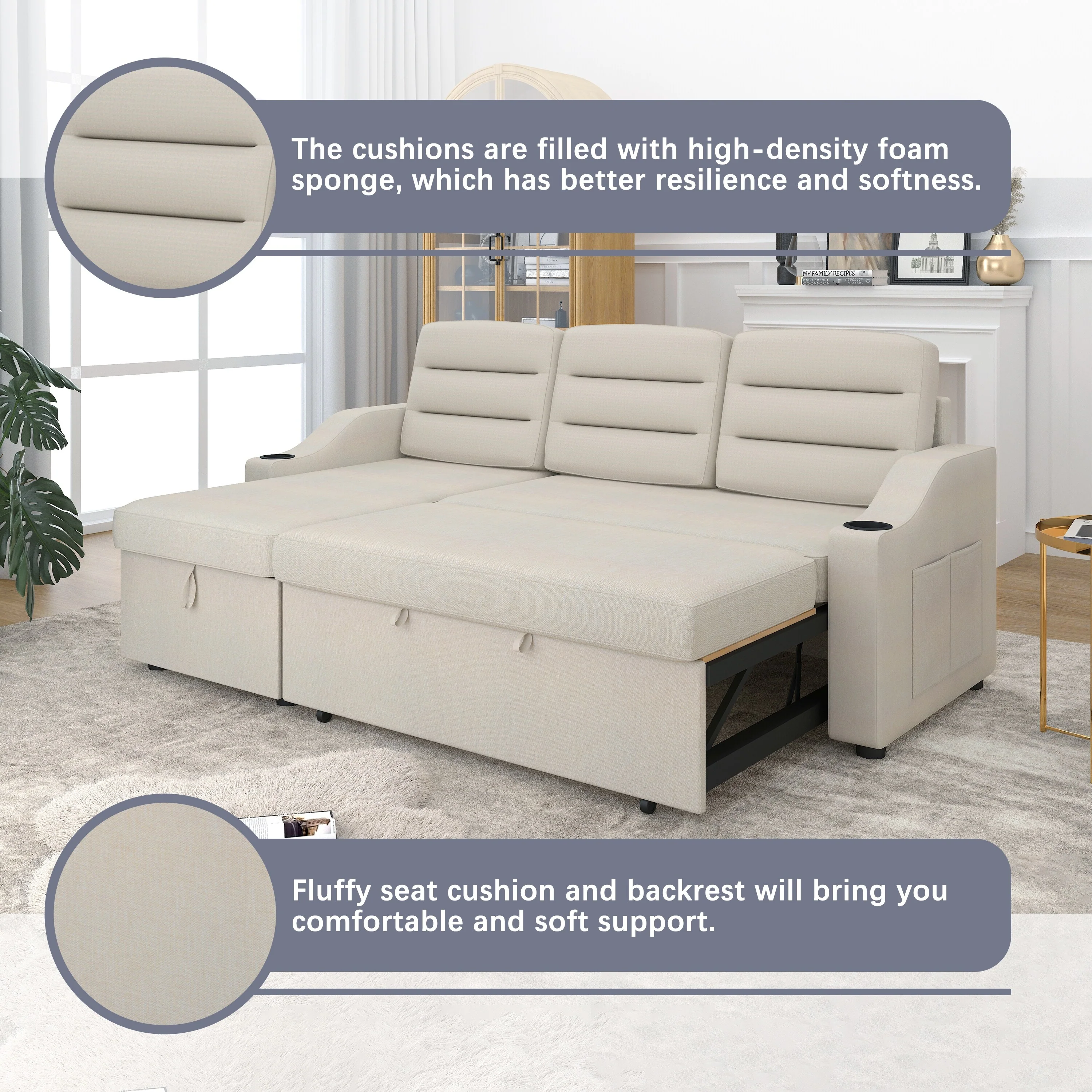 Beige 83.5'' Convertible Sleeper Sofa with Pull-Out Bed, LED Lighting, USB Ports, and Storage Chaise