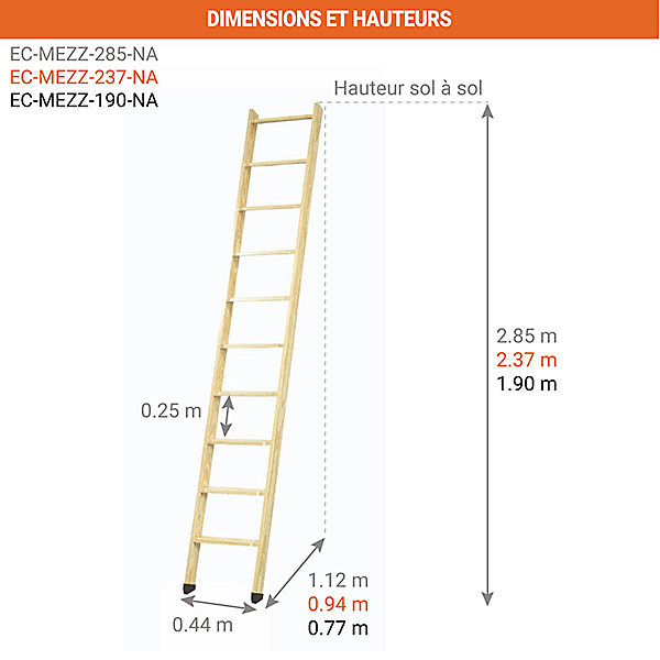 Echelle de meunier Naturel - Hauteur à atteindre 2,85m - EC-MEZZ-285-NA