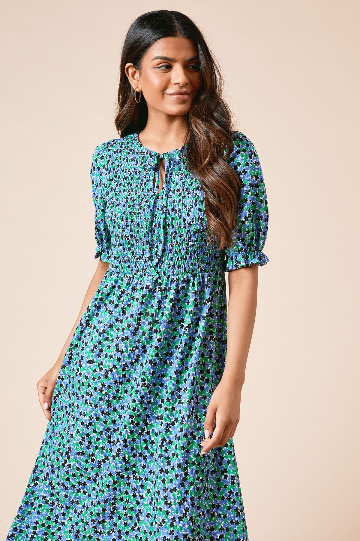 Dorothy Perkins Petite Floral Puff Sleeve Shirred Bodice Jersey Midi Dress
