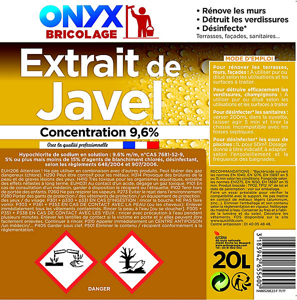 Extrait de javel concentration 9,6% 36° Onyx bricolage 20L