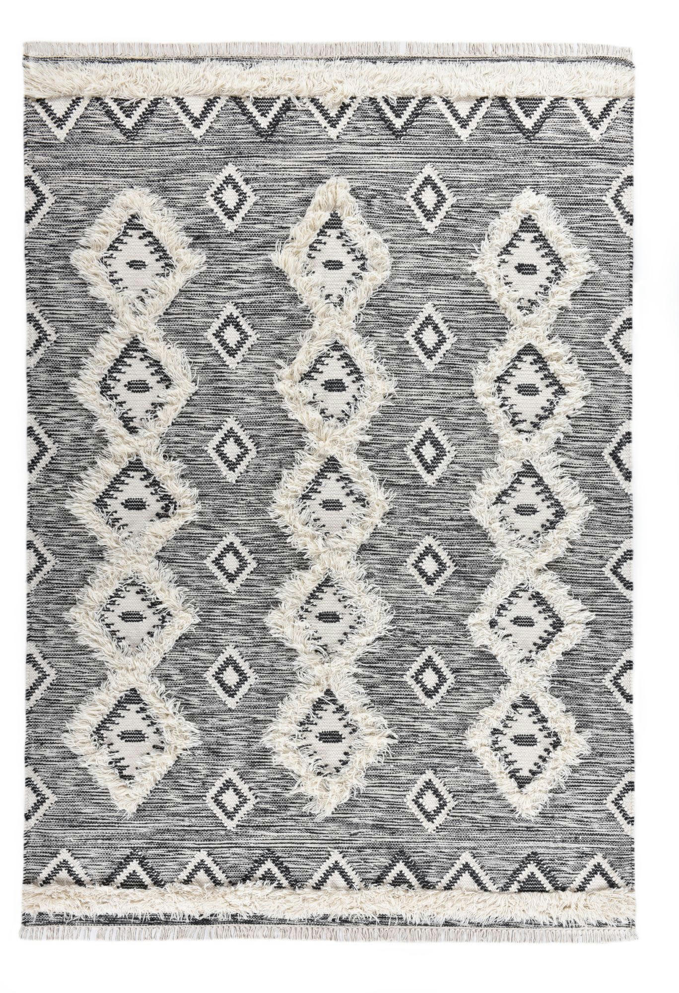 MORA - Tapis bohème chic tissé main noir / blanc 70x140 cm