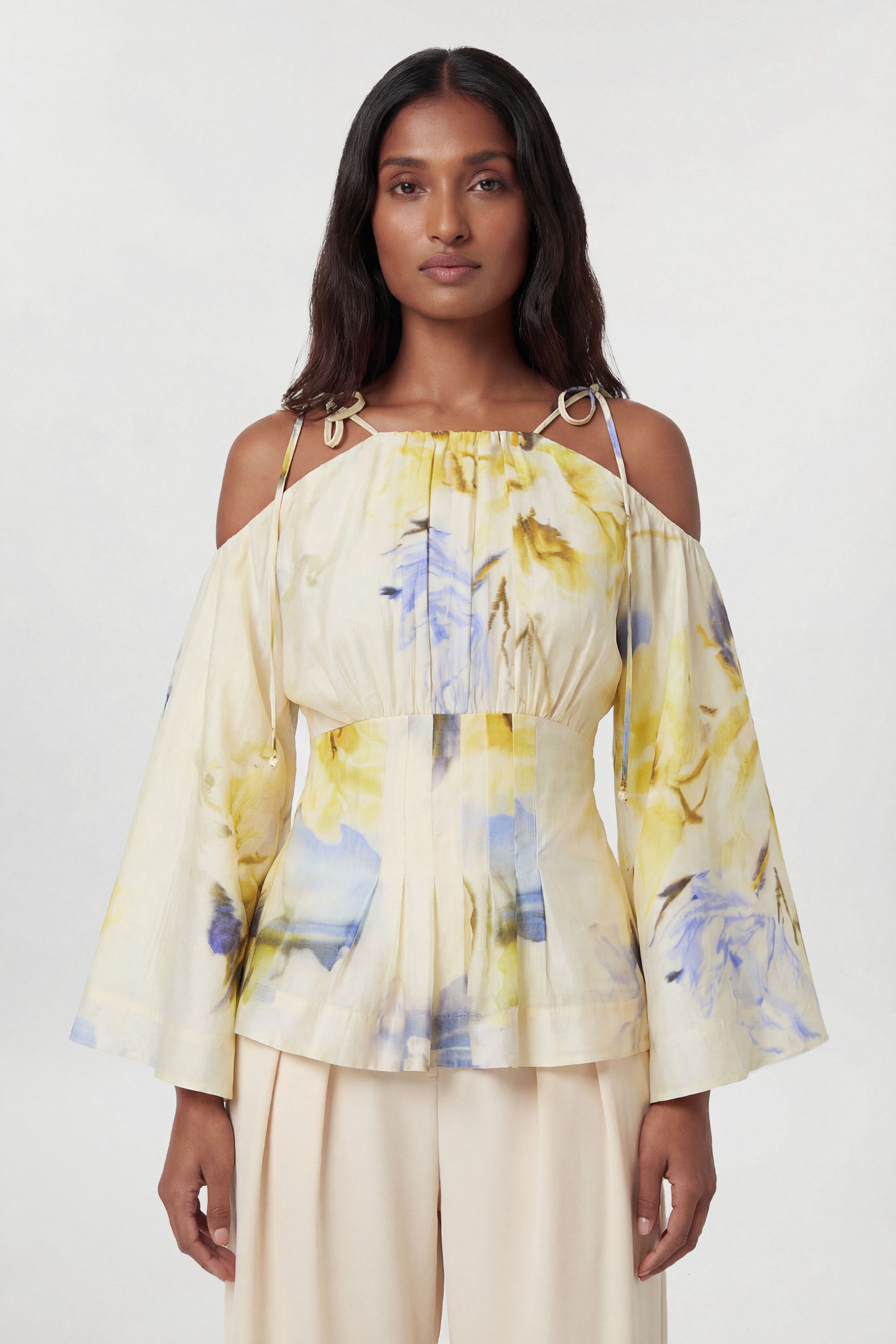 KarenMillen Blue Floral Off The Shoulder Shirred Woven Blouse