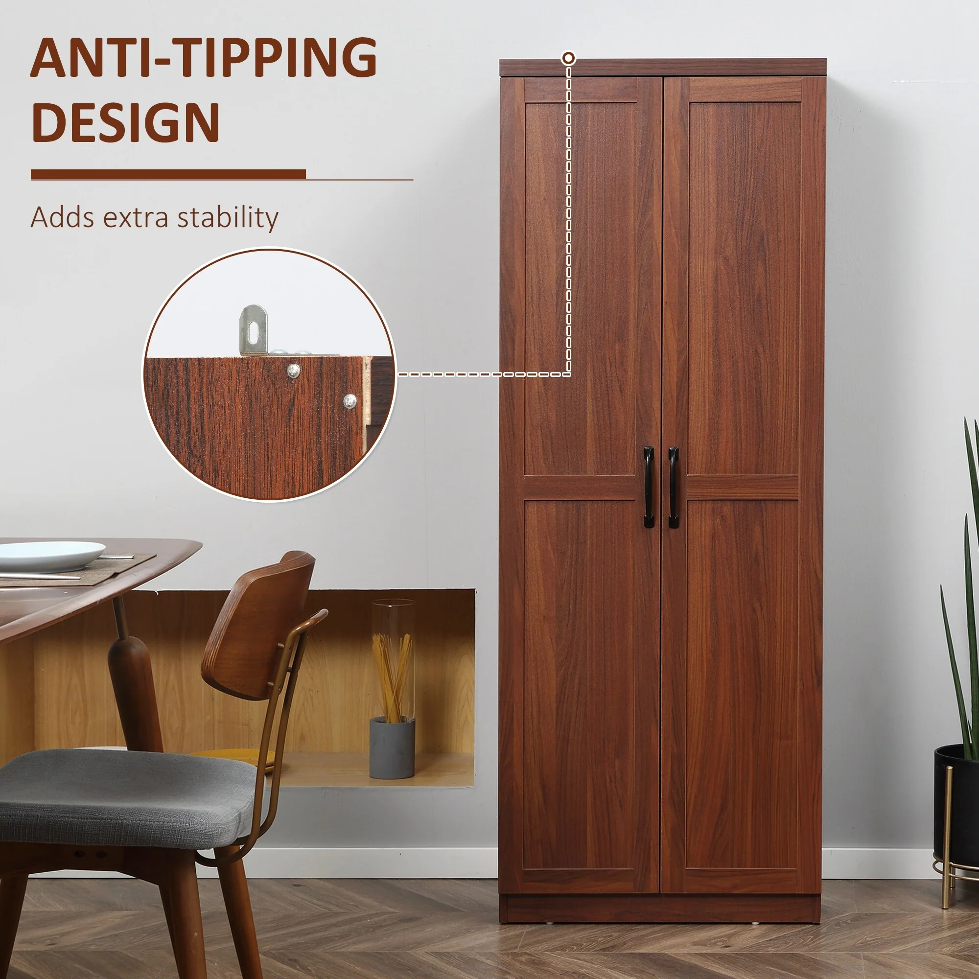 2-Door Kitchen Pantry Storage Cabinet with 5-tier Shelving and 2 Adjustable Shelves for Dining Room, Brown