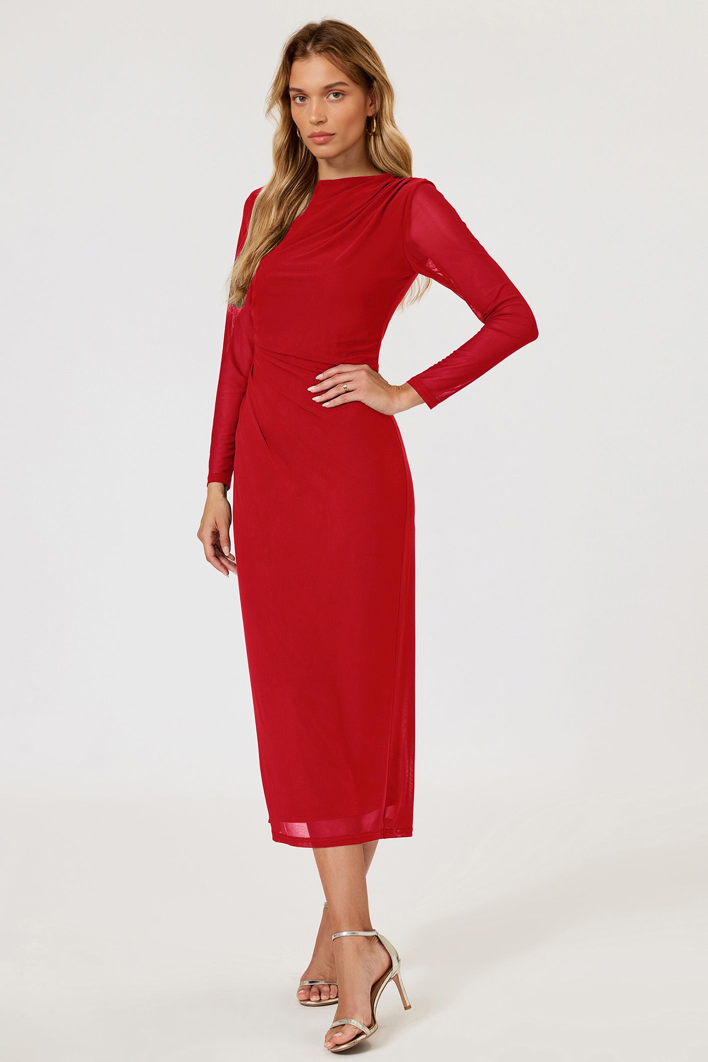 FS Collection Ruched Mesh Long Sleeve Midi Dress
